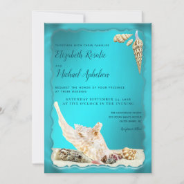 Invitación Boda de la concha turquesa de agua azul verde azul