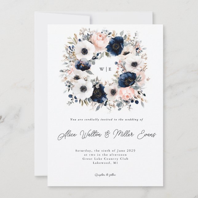 Invitación Boda de la corona azul, rosa y blanca (Anverso)