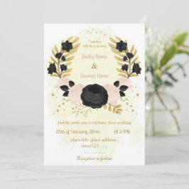 Invitación boda de la corona de oro de flores negras y rosas