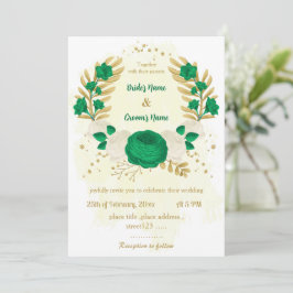 Invitación boda de la corona de oro de flores verdes y blanca