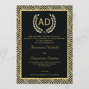 Invitación Boda de la corona negra, dorada y griega y laurel
