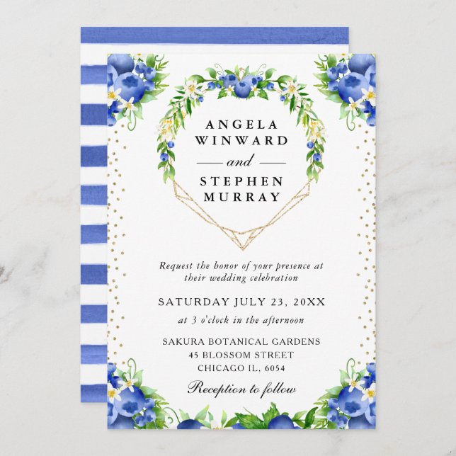 Invitación Boda de la corteza floral Blueberries (Anverso / Reverso)