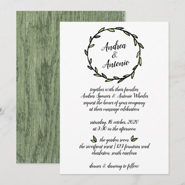 Invitación Boda de la cortina de leafy verde rusa (Anverso / Reverso)