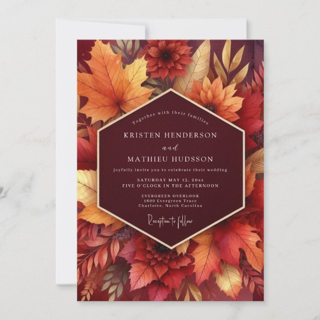 Invitación Boda de la Cosecha de Otoño Flor de Borgoña (Anverso)
