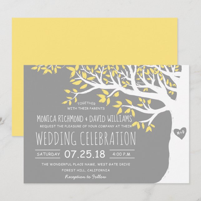 Invitación Boda de la cosecha ruidosa del árbol blanco amaril (Anverso / Reverso)