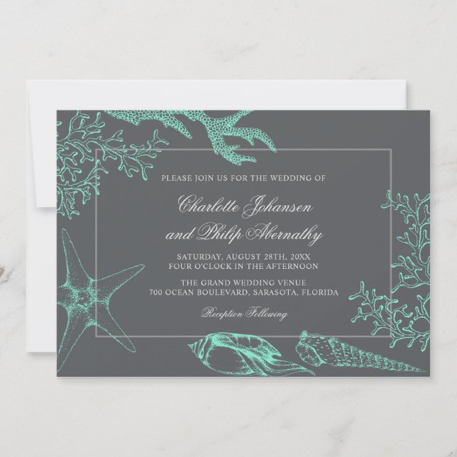 Invitación Boda de la costa verde y gris del mar (Anverso)
