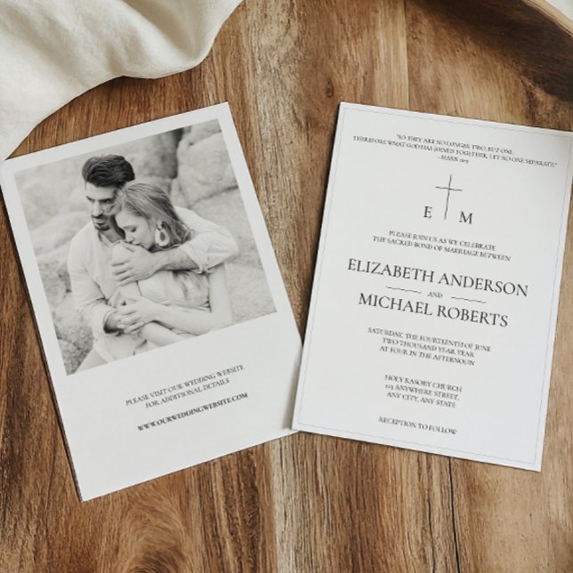 Invitación Boda de la Cruz B&W de la foto católica moderna (Catholic Wedding Invitation)