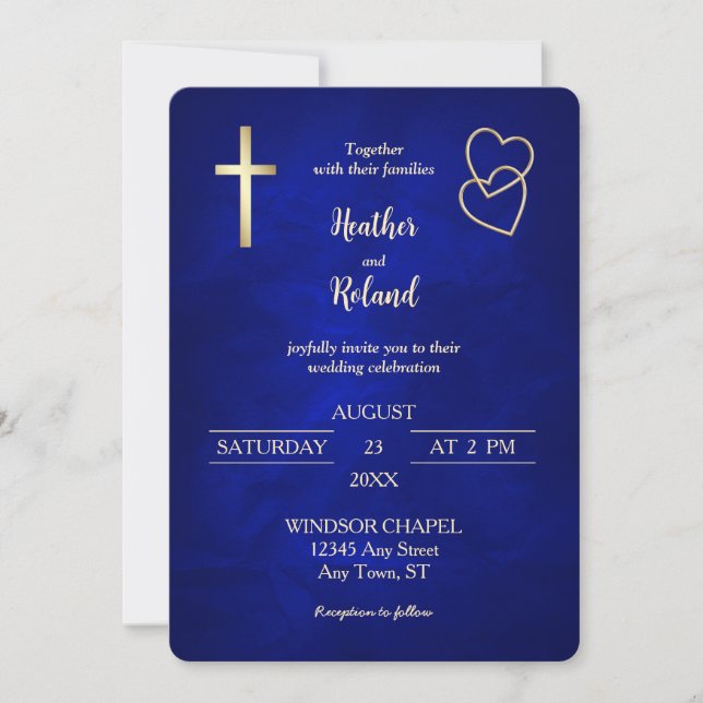 Invitación Boda de la Cruz Cristiana del Oro Azul (Anverso)