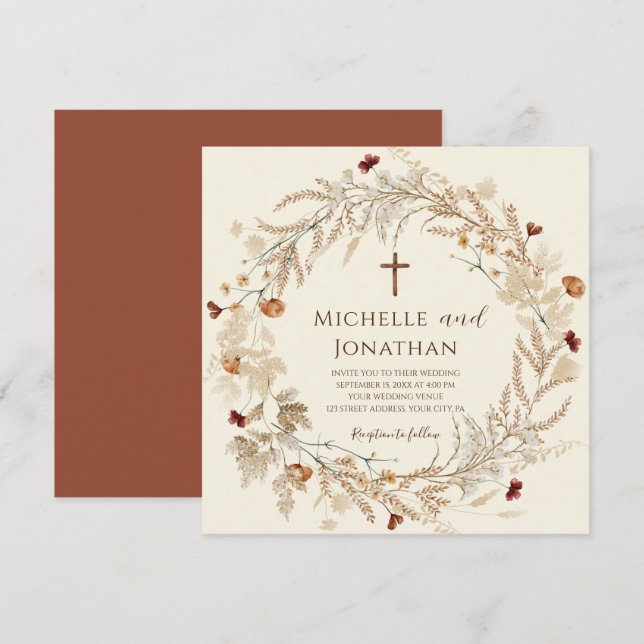 Invitación Boda de la Cruz Cristiana Floral Floral Silvestre  (Anverso / Reverso)