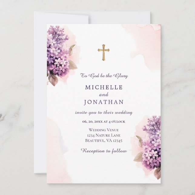 Invitación Boda de la Cruz Cristiana Floral Lilac (Anverso)