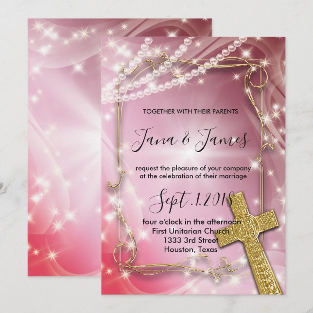 Invitación boda de la Cruz de Perla Rosa bonito (Anverso / Reverso)