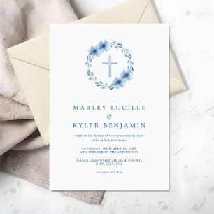 Invitación Boda de la Cruz Floral Azul Dusty Católica