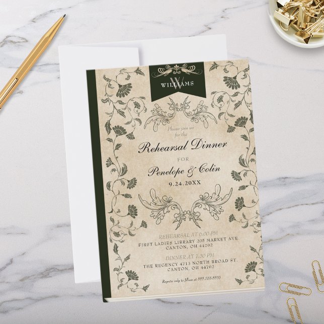 Invitación Boda de la cubierta del libro de Moda de época Ens (Elegant vintage paper library book cover theme wedding rehearsal dinner invitations with monogram)