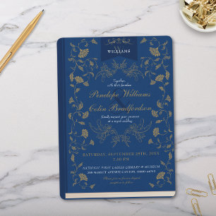 Invitación Boda de la cubierta del libro floral azul y dorado