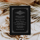 Invitación Boda de la cubierta del libro negro vintage<br><div class="desc">Estas invitaciones literarias únicas a los amantes del libro incluyen un diseño de portada de libros de época con rollos decorativos blancos y un marco ornamental. Personalice el elegante texto personalizado en la parte delantera y trasera de la invitación para incluir "Una celebración del amor" u otro título preferido y...</div>