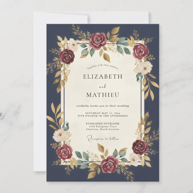 Invitación Boda de la Dalia Carmesí de Medianoche (Anverso)