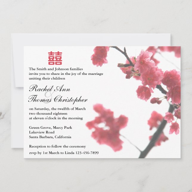 Invitación Boda de la doble felicidad sakura de primavera© (Anverso)