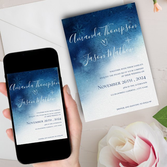 Invitación Boda de la elegancia del copo de nieve azul blanco (Blue White Whimsical Snowflake Elegance Wedding Invitation)