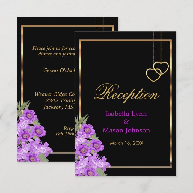 Invitación Boda de la Elegante Flor Púrpura - Recepción (Anverso / Reverso)