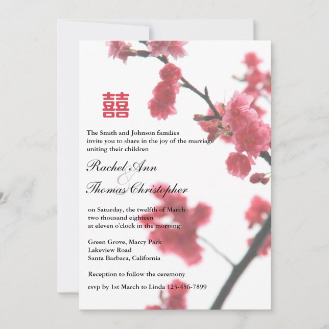 Invitación Boda de la felicidad doble Sakura de primavera (Anverso)