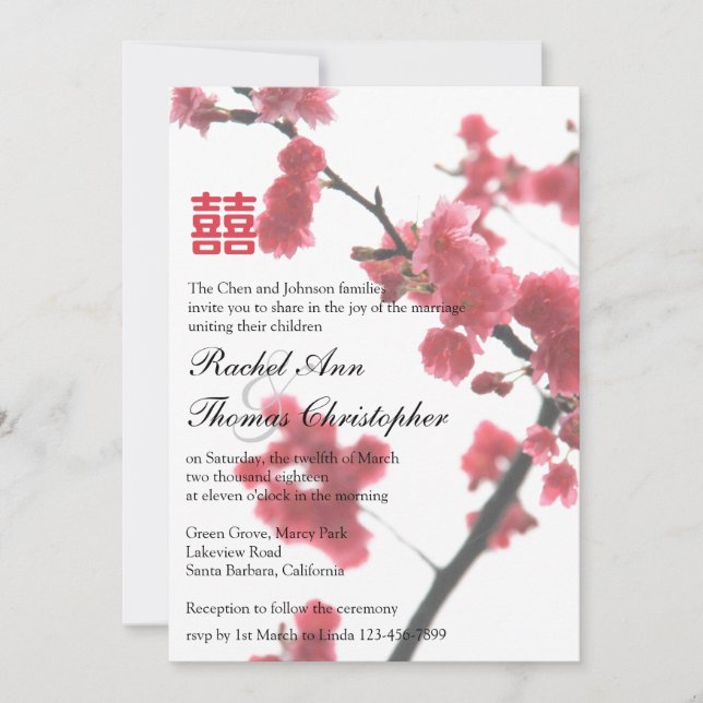 Invitación Boda de la felicidad doble Sakura de primavera (Anverso)
