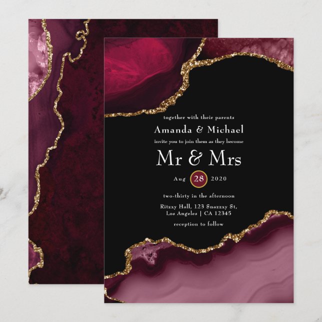 Invitación Boda de la fiebre de Borgoña y del oro (Anverso / Reverso)