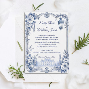 Invitación Boda de la finca floral de chinoiserie blanco azul