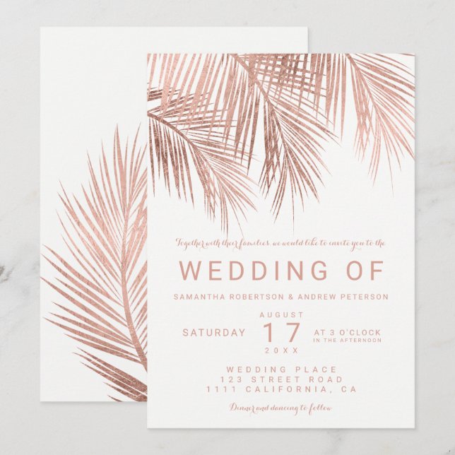 Invitación Boda de la flauta rosa de oro tropical palmera (Anverso / Reverso)