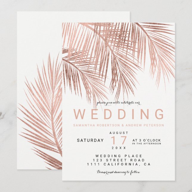 Invitación Boda de la flauta rosa de oro tropical palmera (Anverso / Reverso)