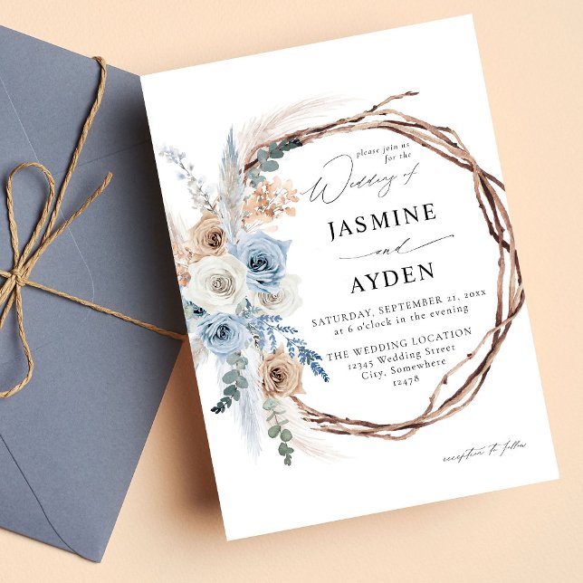 Invitación Boda de la flor azul y beige boho floral (Subido por el creador)