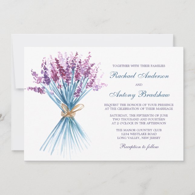 Invitación Boda de la flor de la lavanda de la acuarela (Anverso)