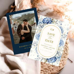 Invitación Boda de la flor floral de oro azul de la marea neg