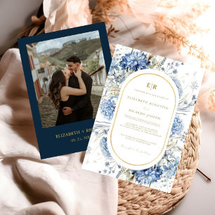 Invitación Boda de la flor floral de oro azul de la marea neg