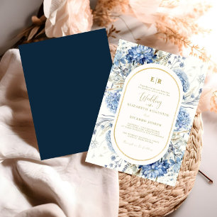 Invitación Boda de la flor floral de oro azul de la marea neg