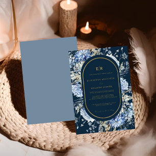 Invitación Boda de la flor floral de oro azul de la marea neg