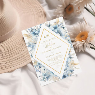 Invitación Boda de la flor floral de oro azul de la marea neg