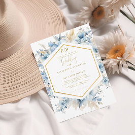 Invitación Boda de la flor floral de oro azul de la marea neg