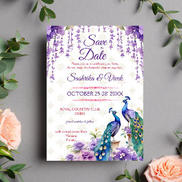 Invitación Boda de la flor morada pavo real india salva la fe