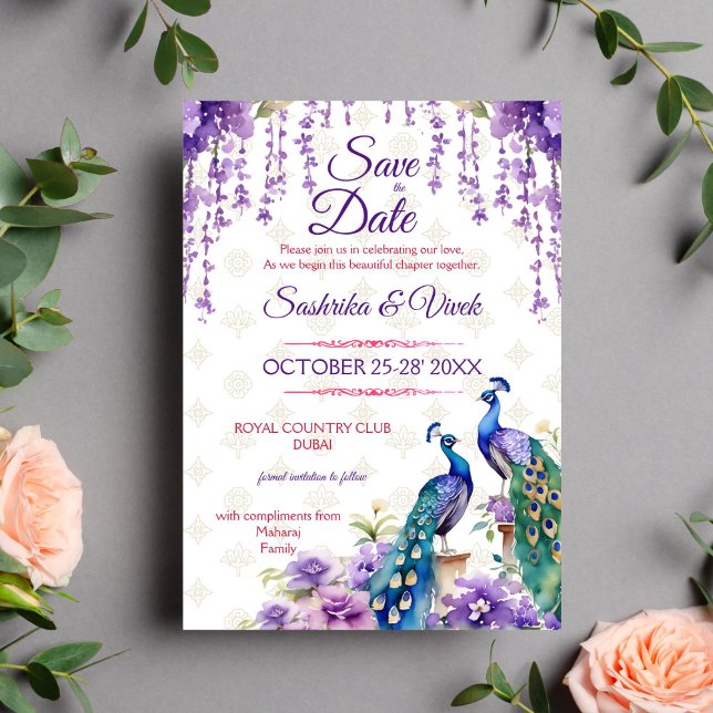 Invitación Boda de la flor morada pavo real india salva la fe (Purple peacock Indian wedding save the date card editable template digital download lilac jasmine)