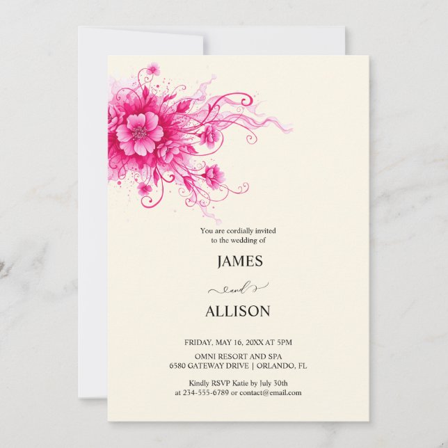 Invitación Boda de la Flora de Acuarela de Fuchsia Vibrante (Anverso)