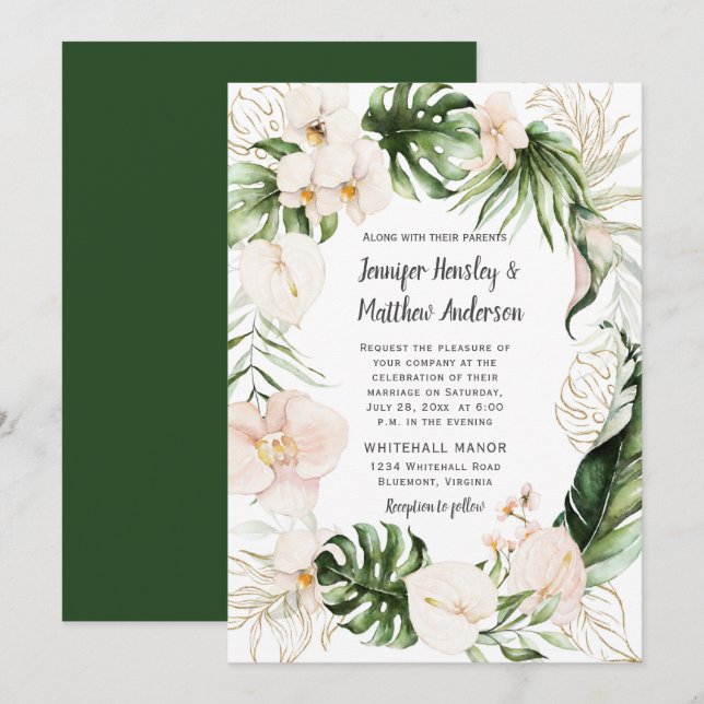 Invitación Boda de la floración tropical floral rosada de Rub (Anverso / Reverso)