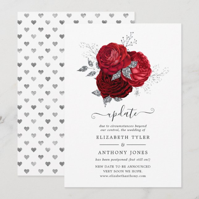 Invitación Boda de la floral roja y plateada pospuesta (Anverso / Reverso)