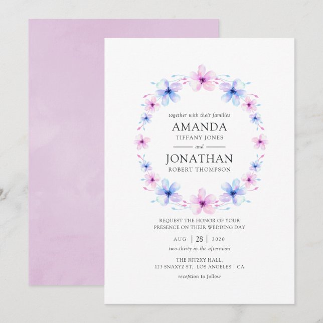Invitación Boda de la floral rosa y azul pastel (Anverso / Reverso)