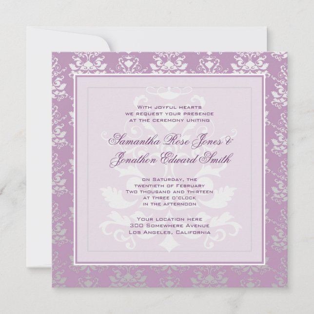 Invitación Boda de la foto del damasco de la violeta africana (Anverso)