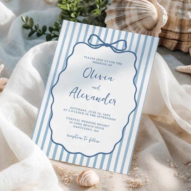 Invitación Boda de la franja caprichosa azul costera con lazo (Subido por el creador)