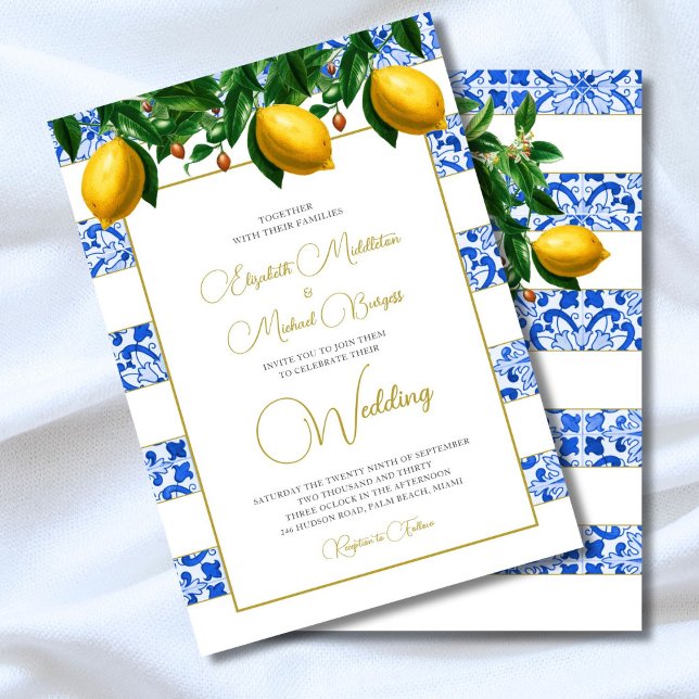 Invitación Boda de la franja de mosaico azul limón (Subido por el creador)