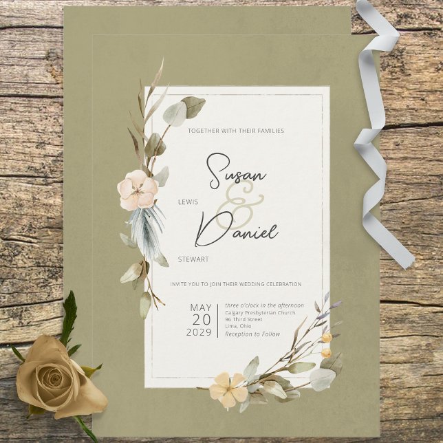Invitación Boda de la franja del marco floral del Boho seco (Subido por el creador)