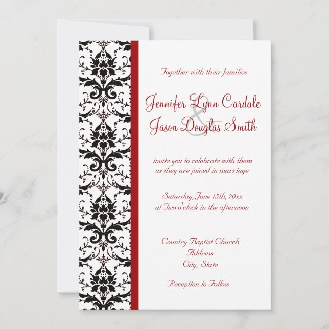 Invitación Boda de la franja roja blanca y negra de Damasco v (Anverso)