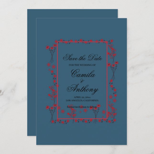 Invitación Boda De La Frontera De Flores Rojas De La Marina S (Anverso / Reverso)