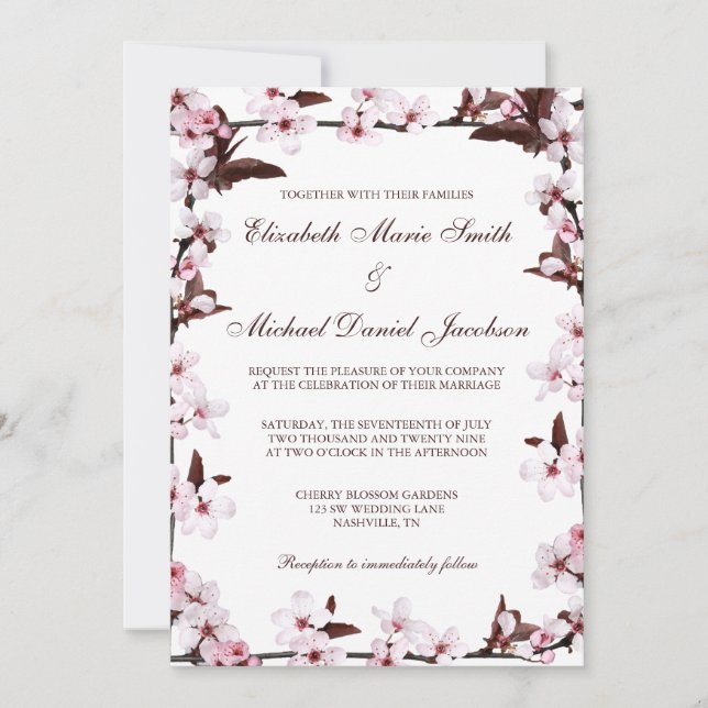 Invitación Boda de la frontera de las flores de cerezo (Anverso)